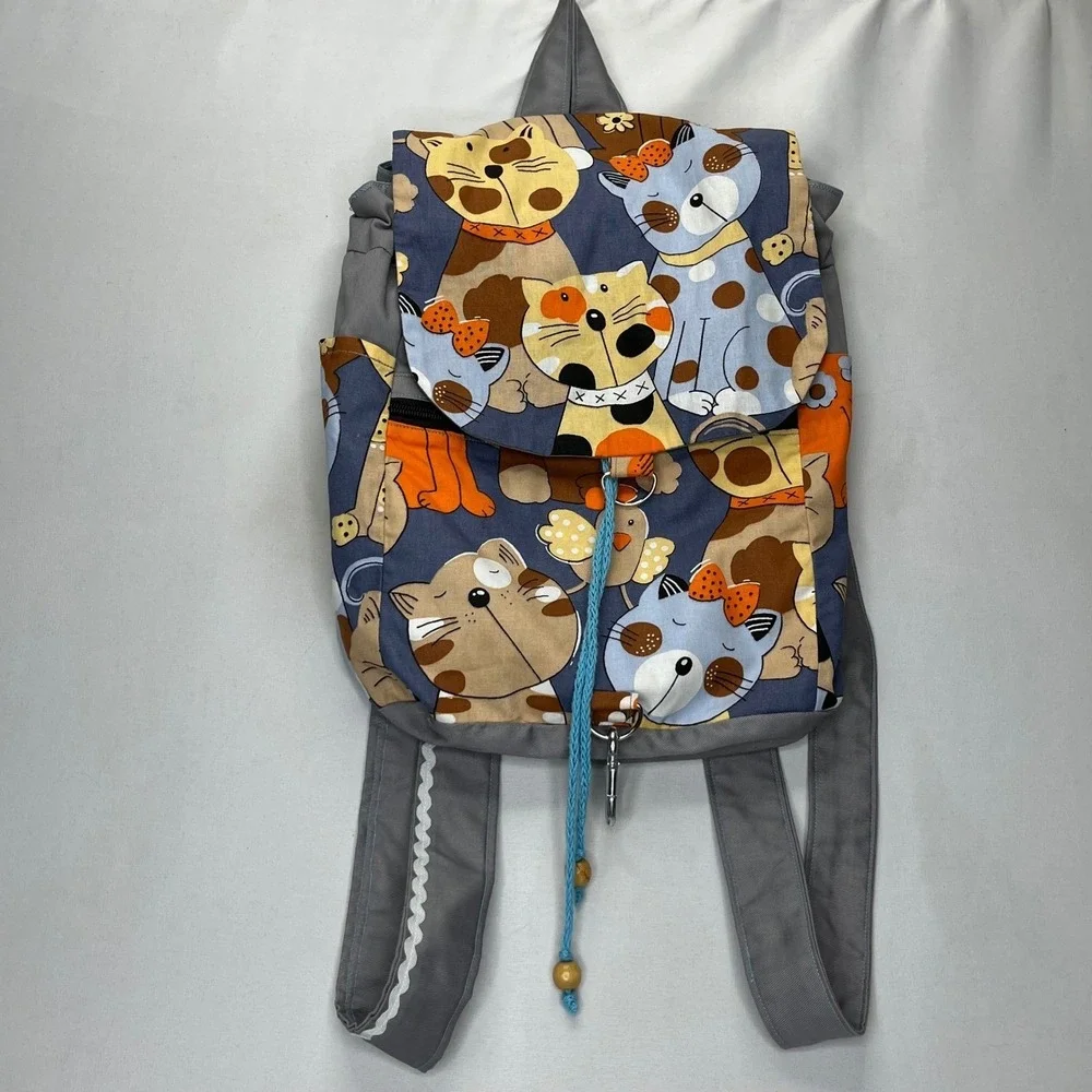 Handmade Canvas Backpack Cat Bird Print Gray Multi Color Rucksack Whimsical Bag